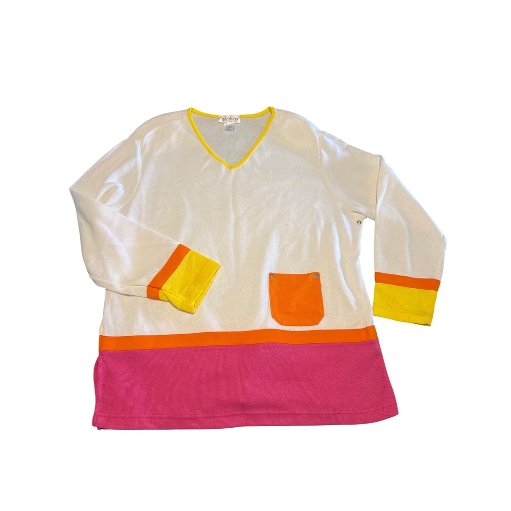 Adolfo Sport Womens Vintage Colorblock V-Neck Knit Tunic Top White Pink Large
